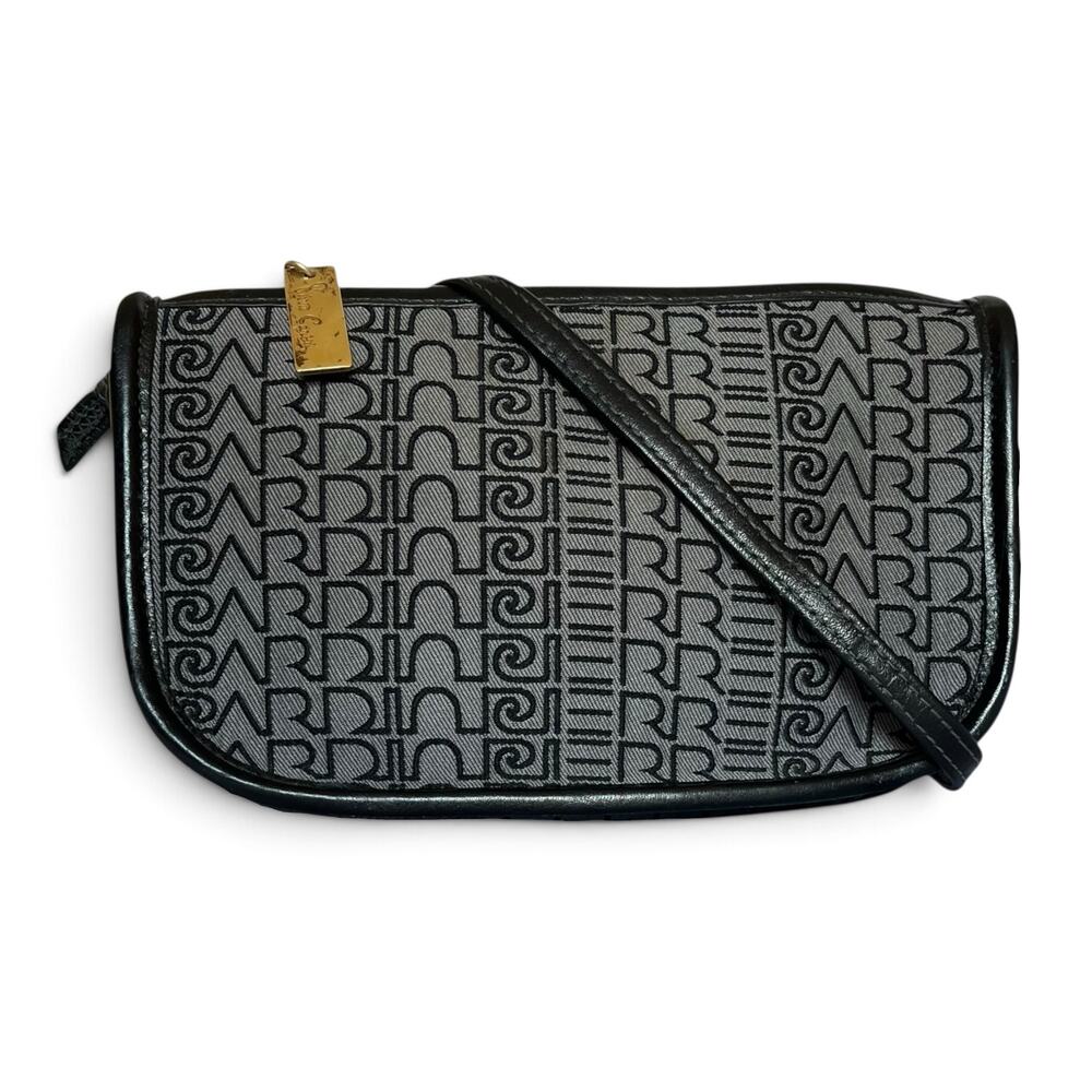Pierre Cardin Vintage RARE Embroidered Name Logo Canvas Black Leather Handbag